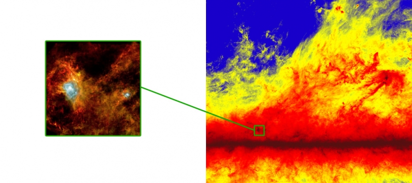 On observe les structures filamentaires aussi bien aux petites échelles (image du satellite Herschel à gauche) qu&#039;aux grandes échelles (image Planck à droite). Crédits : ESA, Consortium HFI, consortium SPIRE &amp; PACS, P. André.